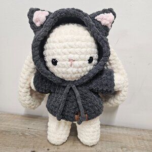 Handmade Crochet Long Floppy-Eared Bunny Plushie in Kitty Hoodie – 8” Tall